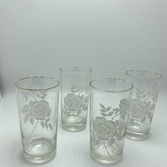 Vintage Libby Rose Pattern Set of 4 Frosted Glasses Flowers - Picture 2 of 4